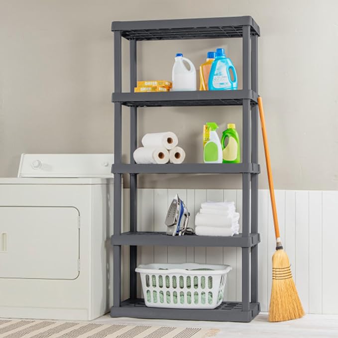 Sterilite 5 Shelf Unit, Heavy-Duty Plastic Utility Storage Rack, 4-Pack | Freestanding Shelving Organizer with 150 lb Capacity Per Shelf for Kitchen, Bathroom, Garage, Basement, Pantry & Laundry Room