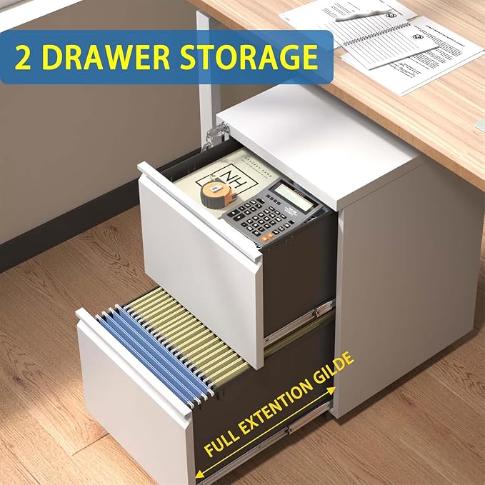 Guizeeopo 2 Drawer Locking File Cabinet, Fully Assembled Heavy-Duty Metal Filing Cabinets for Home Office, Quiet Slides, Anti-Tipping Wheels, Fits A4/Letter/Legal, Matte White