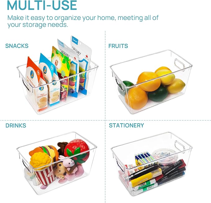 Vtopmart Clear Plastic Storage Bins, 2 PCS Pantry Organizer Bins with Handle for Refrigerator, Fridge, Cabinet, Kitchen, Countertops, Cupboard, Freezer Organization and Storage, Medium