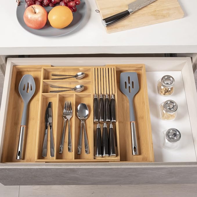Expandable Bamboo Silverware Drawer Organizer Tray, Natural | Removable Knife Block, Holds 7 Knives, Adjustable Dividers, 12.6-21.45 x 16.3 x 2.13 in, Drawer Insert for Utensils, Forks