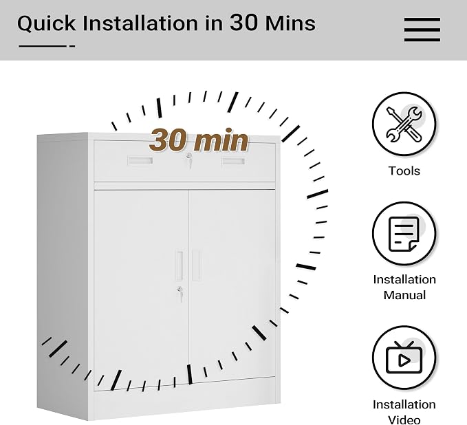 CJF Metal Storage Cabinet, Locking Storage Cabinet with 1 Drawer and Adjustable Shelf, 36" H x 28" W x 16" D White Metal Cabinets for Office, Home, Garage