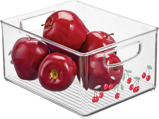 iDesign Bathroom Organizer Bin, Clear/Cherries | Decorative Print, Stackable, Plastic Storage Basket, For Makeup & Vanity Organization