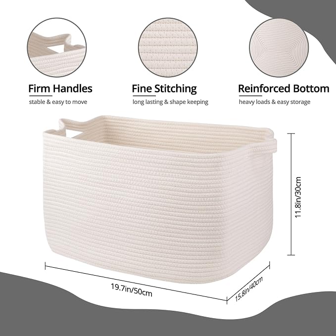OIASKET White Storage Baskets for Organizing, Toy Basket Storage Kids, Nursery Cotton Rope Baskets for Living Room, Deorative Organizer Bin Box (White)