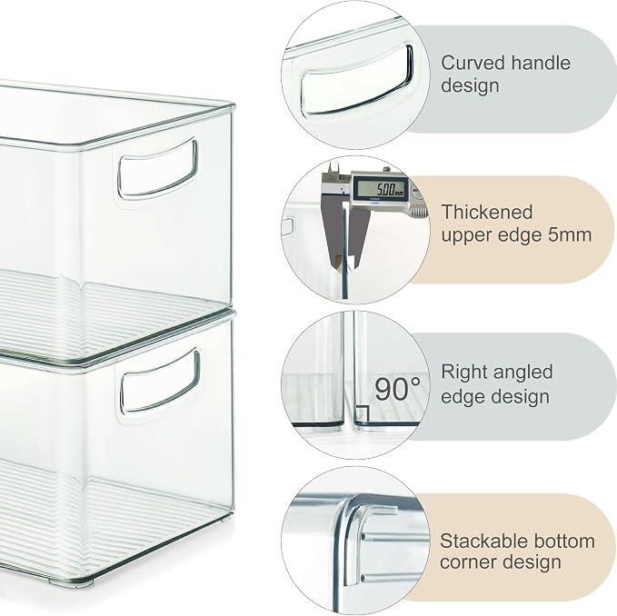 Heyuzb 8 PACK Freezer Organizer Bins Fridge Organizers and Storage Stackable Refrigerator Organizers Bins with Side Handles Clear Storage Bins for Pantry, Under Sink, Kitchen Cabinet