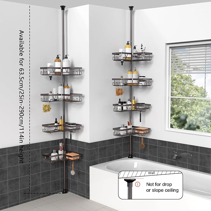 KEGII 4-Tier Corner Shower Caddy Tension Pole, Bathroom Shelf, Bronze | Waterproof Rustproof Storage with Hooks and Soap Holder, Floor to Ceiling Design for Shower and Bathtub Organization