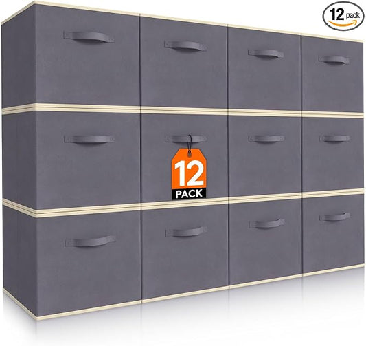 Lifewit Storage Cubes, Foldable Decorative Fabric Storage Baskets for Organizing Home Organizers with Handles for Shelves, Closet, 11 Inch Bins, 18L Gray, 12 Packs