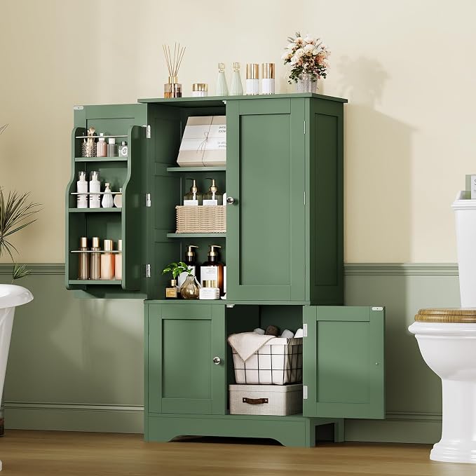 43" H Storage Cabinet with 4 Doors, Kitchen Cabinet with 6 Door Shelves, Kitchen Pantry Cabinets for Living Room, Dining Room, Bathroom, Forest Green