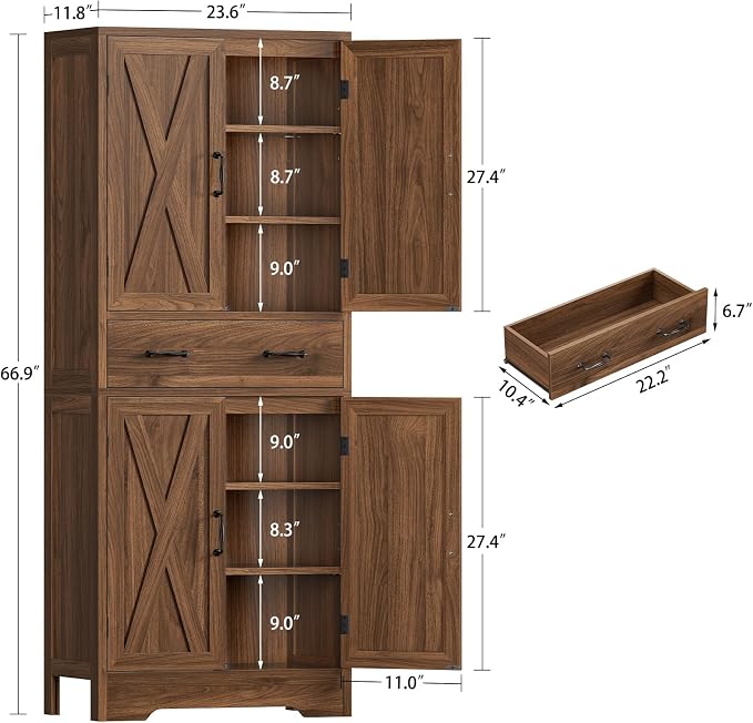 TEENFON Tall Storage Cabinet with 2 Adjustable Shelves & 1 Large Drawer, Kitchen Pantry Cabinet with 4 Doors, Bathroom Storage Cabinets, for Living Room, Kitchen, Bathroom, Walnut