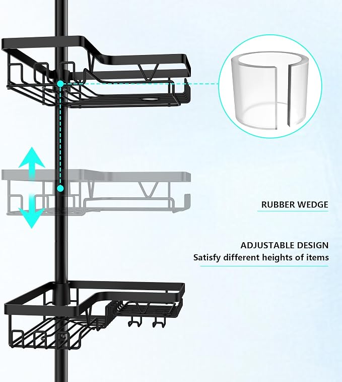 DAOYA Corner Shower Caddy Tension Pole 4 Tier Shower Caddy Organizer Black | Space Saver, 28 Hook, Soap Dish, Razor Holder, Rustproof, For Bathtub Bathroom, Floor to Ceiling 25-114 Inch, Simple Install