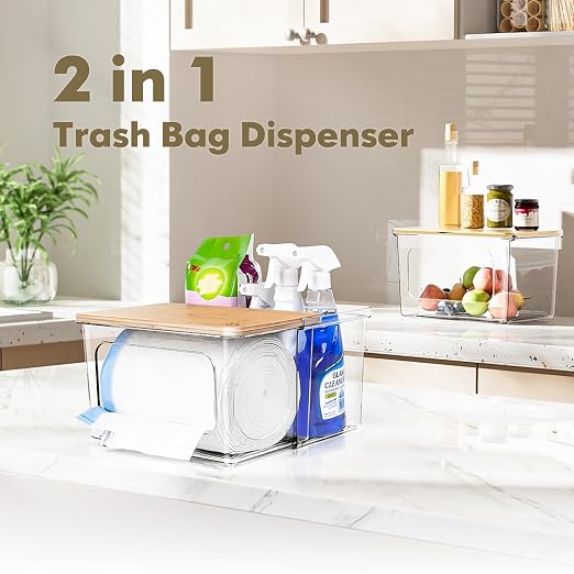 iCASA 2 in 1 Trash Bag Holder Garbage Bags Dispenser Under Sink Organizer | Stackable Trash Bag Organizer for 13/30/33 Gallon Bags, Clear Storage Bins for Kitchen, Cabinet, Laundry Room Organization