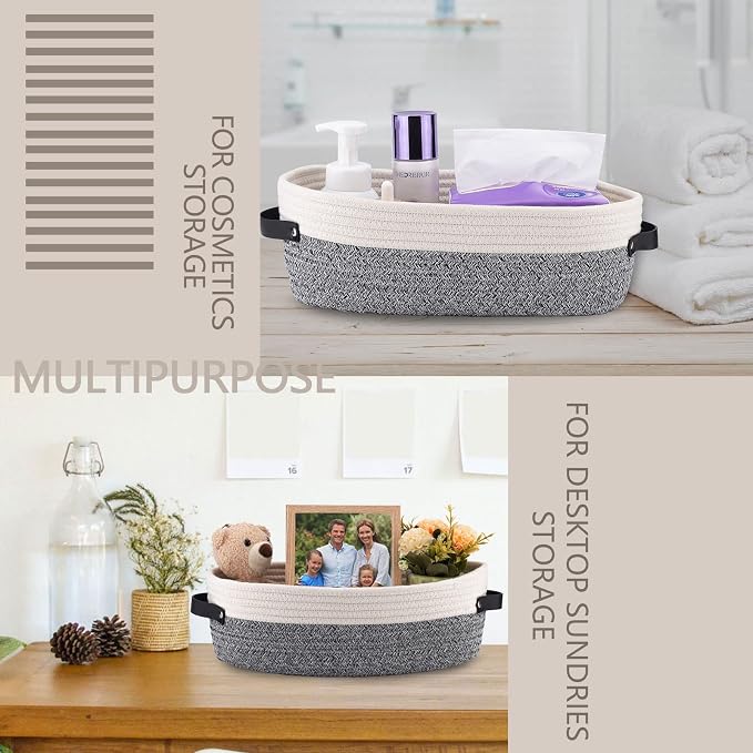 Small Cotton Rope Woven Basket Toilet Paper Baskets for Organizing Decorative Basket for Boho Decor Small Storage Basket 13"x5.9"x4" Variegated Gray&White