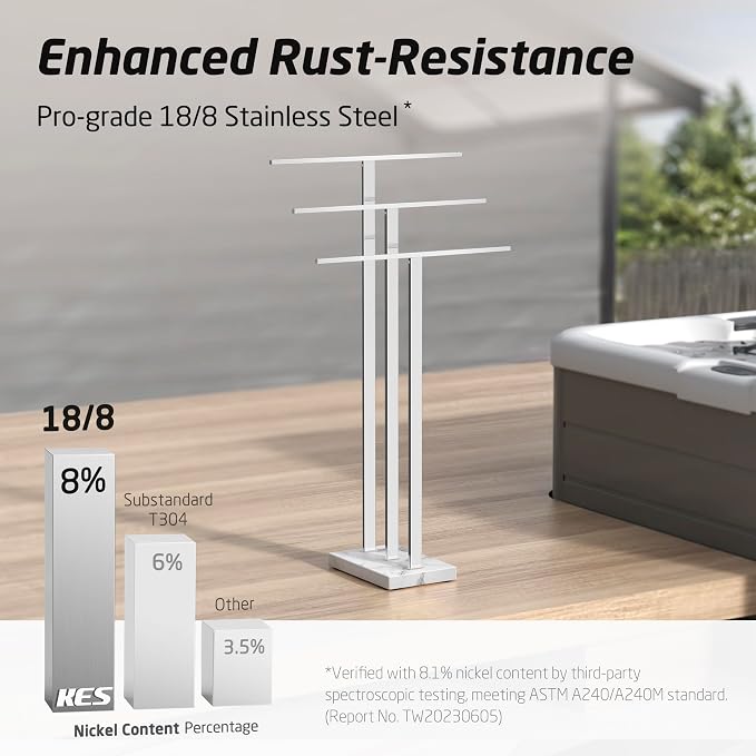 KES Heavy Marble Base Standing Towel Rack, 3-Tier Stainless Steel, Polished | Freestanding Design, No-Drill Assembly, Tiered Bars For Bath Sheets, Bath Towels, Hand Towels, Anti-Slip Pads