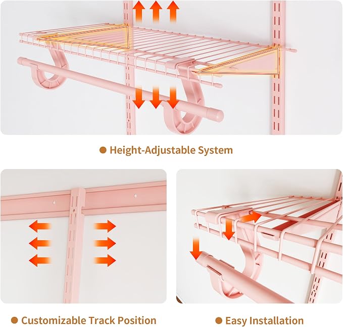 PROWORX 4-6 Ft. Pink Custom Insert Wire Closet Organizer System Kit | Adjustable Wall Mounted Metal Wire Closet Shelving System, Closet Shelves with Hanging Rods for Pantry Laundry Mudroom