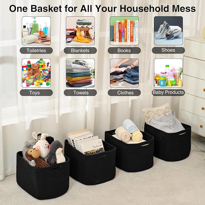 ICERZCZ Woven Cotton Rope Storage Baskets for Organizing & Shelves, Organization Bins for Dog Toys, Clothes, Books, Nursery Organizer, 15"x11"x9", Black (4 Packs)