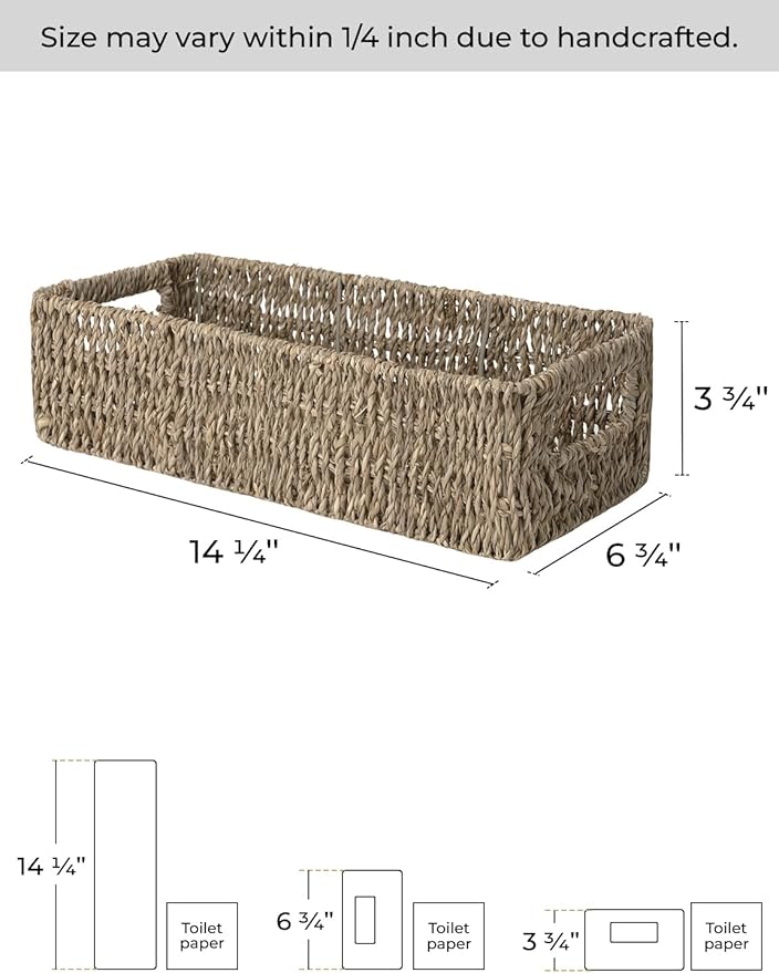 StorageWorks Wicker Seagrass Baskets, Toilet Basket Tank Topper | Small Toilet Tank Basket with Built-in Handles, Bathroom Basket Organizer and Storage for Bathroom Decor