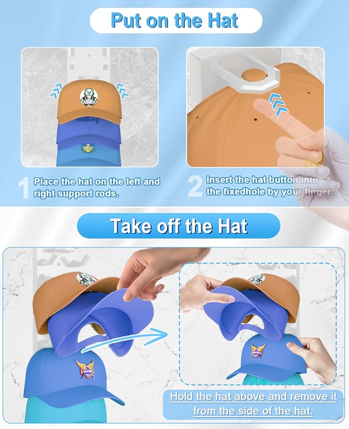 4 Pack Hat Organizer for Baseball Caps, Strong Adhesive Hat Rack for Wall, Multilayer Hat Storage Display Holder for Door Closet, Cap Organizer Storage Wall Mounted Hat Hooks Hold up to 36 Hat (White)