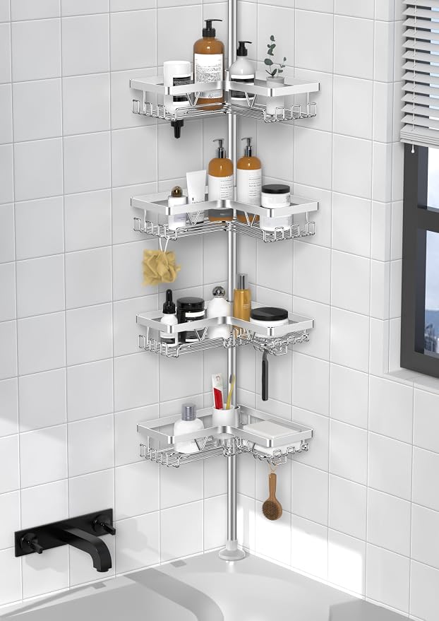 KEGII SUS304 Corner Shower Organizer, Tension Pole Bathtub Caddy, Silver | Stainless Steel Construction with Adjustable Height, Rust Resistant Finish for Shower Corners, Bathtubs and Family Bathrooms