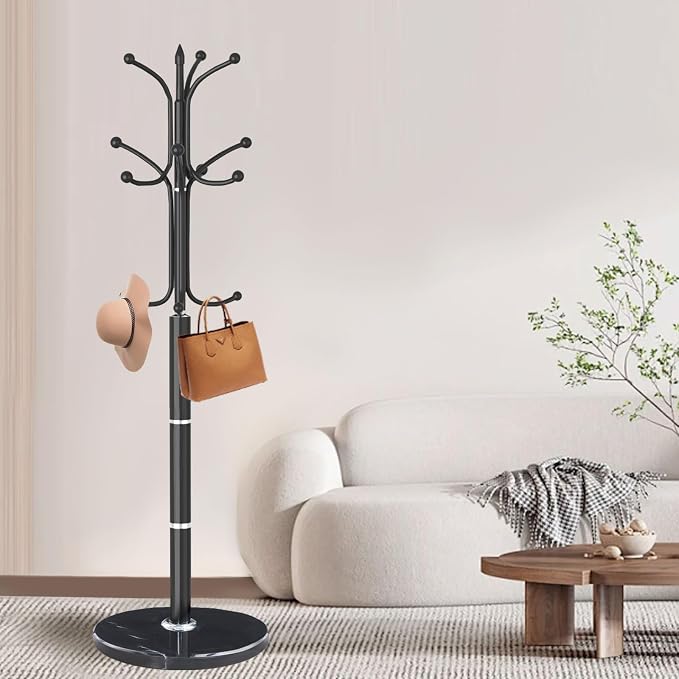 Coat Rack Stand,Black Metal Coat Rack Freestanding with 12 Hooks | Modern Coat Rack with Natural Marble Base,Heavy Duty Coat Hanger Stand, Coat Hall Clothes Tree Stand for Office,Bebroom