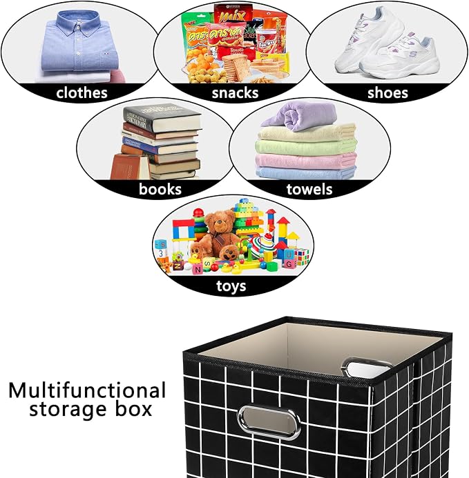Yunkeeeper storage bins Cubes, Fabric Cube Organizer with Handle, Foldable Cube Bins for Cloth or Accessary Storage, 11x11x11, Set of 3,(Black grid)