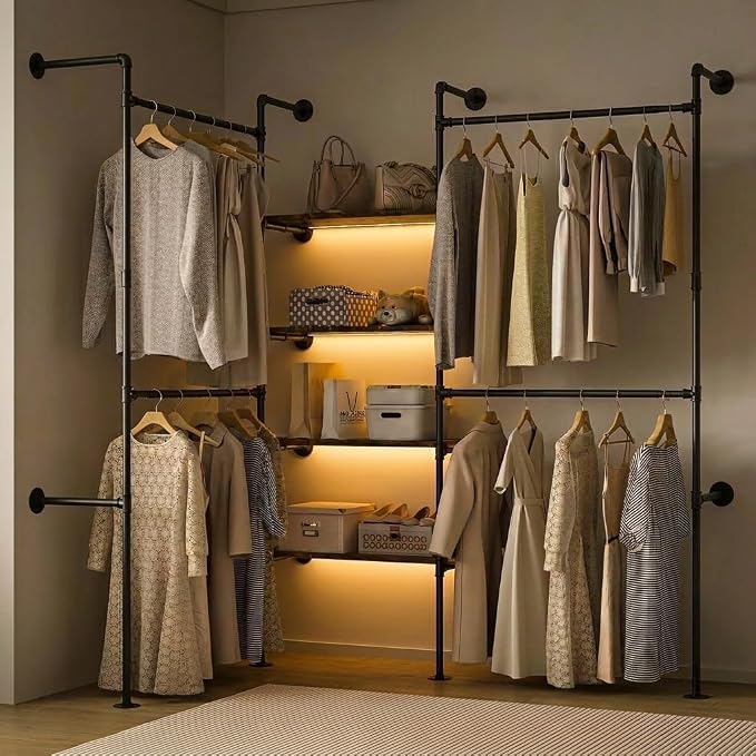 Industrial Pipe Clothing Rack with LED Lights& Shelves,Black | Heavy Duty Adjustable Garment Hanger with Shelves, 2 Installation Methods Closet Storage System for Wardrobe Organization