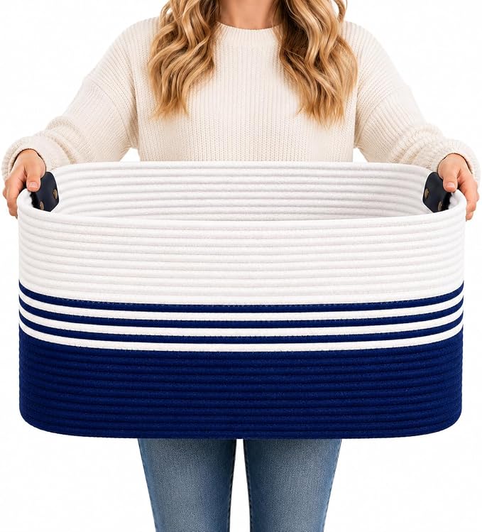 Laundry Hamper with Handles, 72L Rope Laundry Basket, Blue | Cotton rope clothes hamper with leather handles holds blankets, pillows, toys and laundry in nursery, bedroom or living room