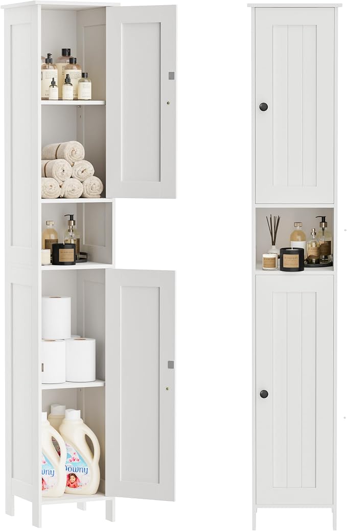 Homleke Tall Bathroom Storage Cabinet with 2 Doors, Slim Bathroom Cabinet | Narrow Storage Cabinet with Adjustable Shelves, Anti-Tip Design, Reversible Door, Easy Assembly, White, 11.8''W
