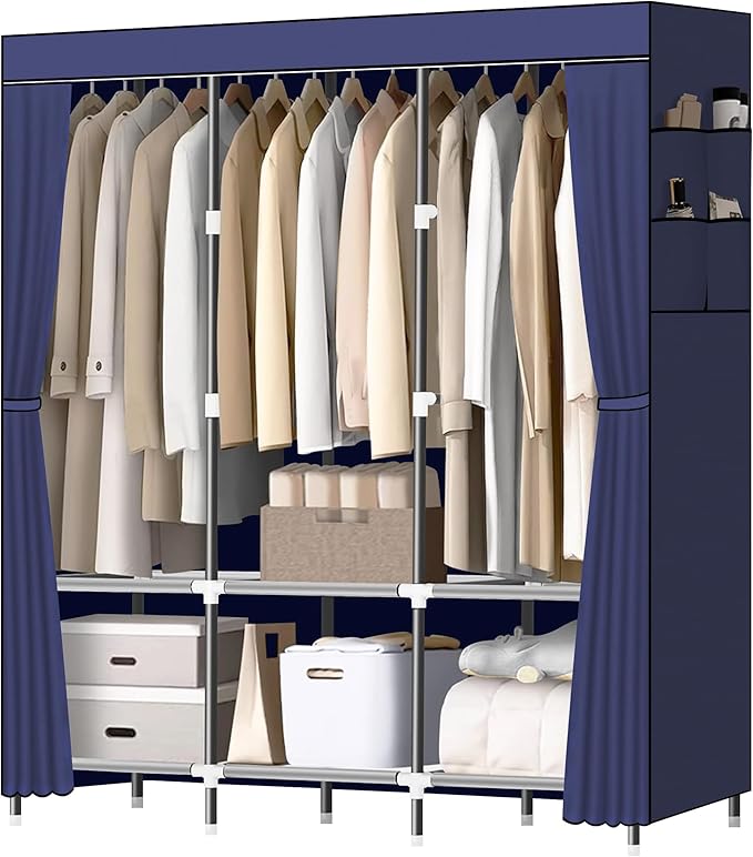 LOKEME Wardrobe Closet,Steel Pipe Diameter 19mm,Portable Closet for Bedroom | Strong and Sturdy Portable Closets for Hanging Clothes with 3 Hanging rods, 6 Storage Shelves and Side Pockets