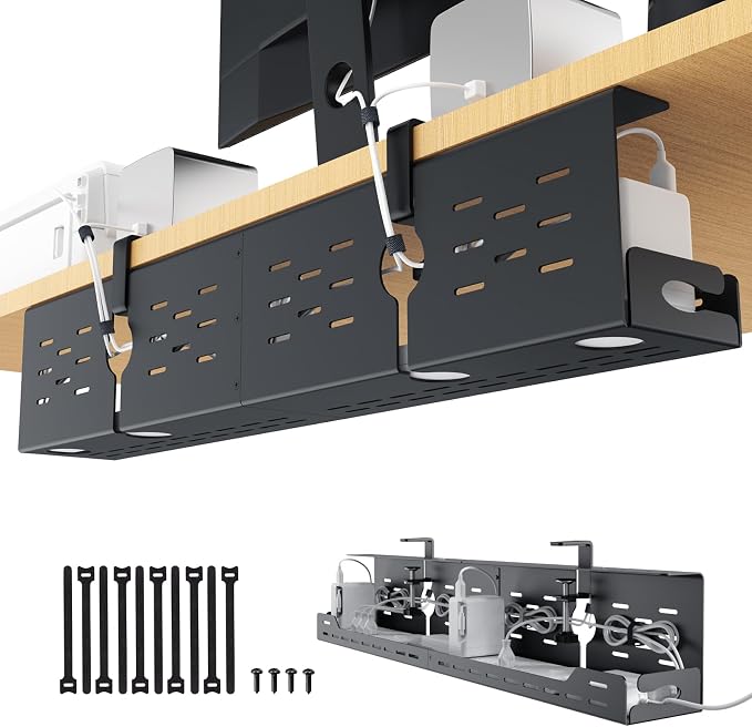 Univivi Under Desk Cable Management Tray, Cable Management, 32 inch, Black | Durable Steel Material, Under Desk Cable Tray with No-Drill C-Clamp and Screw Mount, Wire Management for Office/Home