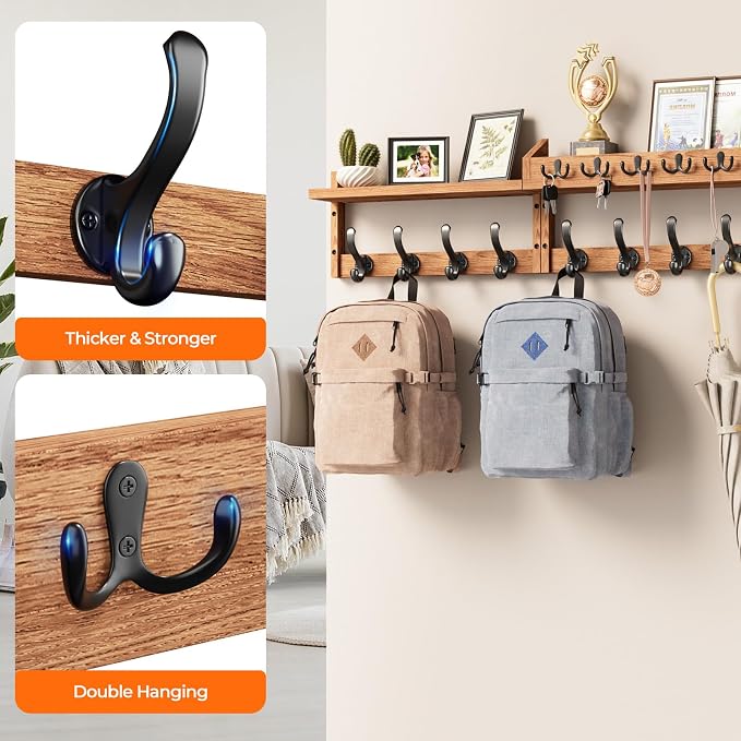 Evermagin 35" Coat Rack Wall Mount with Shelf & 13 Hooks, Entryway, Brown | 4-in-1: coat hooks, key hanger, mail holder & display shelf. Pine wood. For bedroom, hallway, mudroom, livingroom