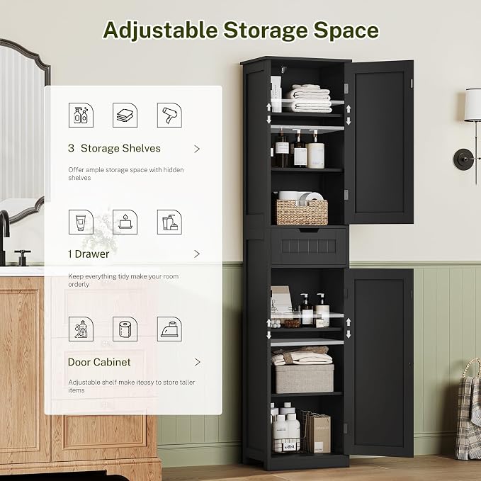 67" H Tall Storage Cabinet with 2 Doors and 1 Drawer, Narrow Black Cabinet with Adjustable Shelves, for Bathroom, Living Room, Entryway, Kitchen, Black