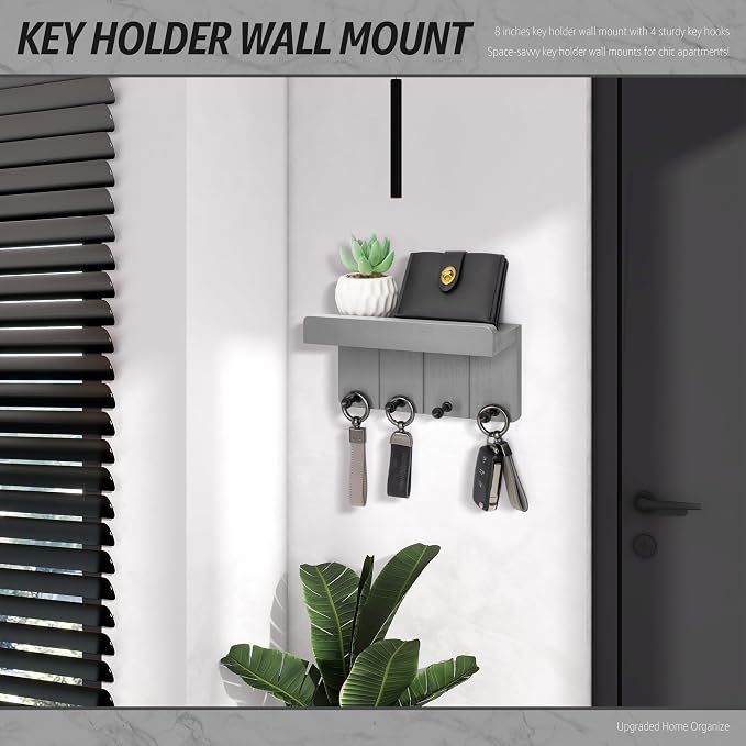 Rebee Vision Key Holder Wall Mount with Shelf for Home Decor, Light Gray | Key and Mail Holder for Wall, Floating Shelf, 4 Hooks, Aesthetic Room Decor, Apartment Essentials, Compact Home Storage