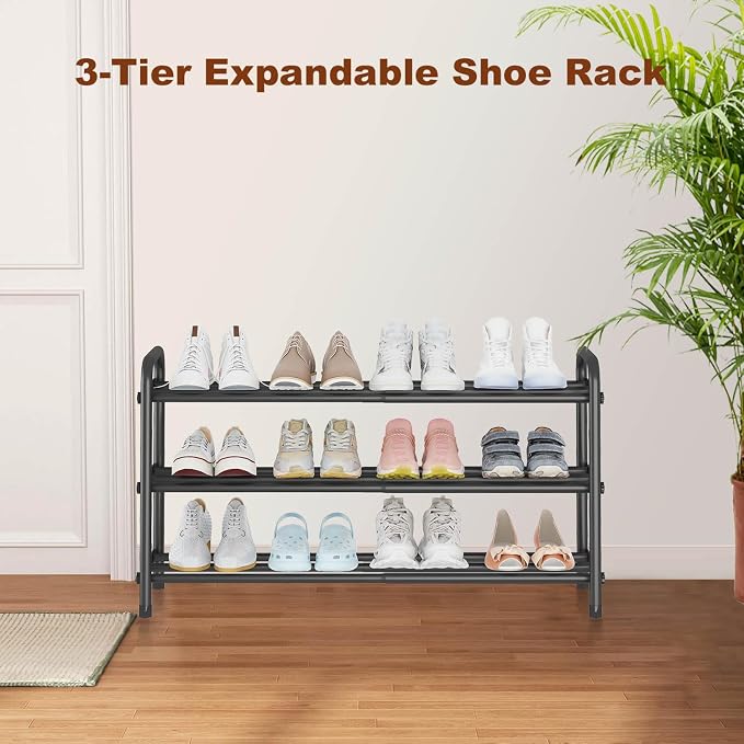 Expandable 3-Tier Shoe Rack for Closet & Entryway, Metal Shoe Organizer | Expandable • Adjustable Width • Holds 12 Pairs • Heavy-Duty Metal • Tool-Free Assembly • Fits Small Spaces