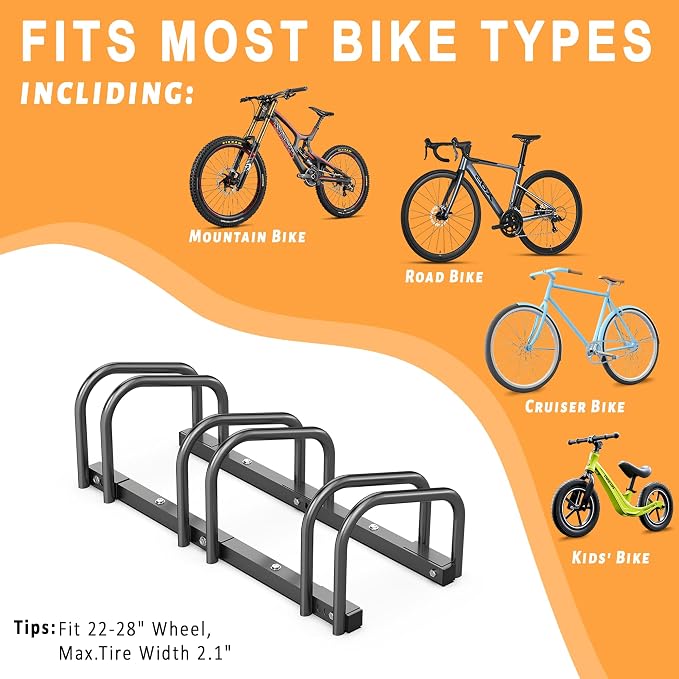 Bike Storage Rack for Garage, 3 Bikes Floor Bike Stand, Bicycle Parking Stand Rack for Indoor/Outdoor, Fit 22-28" Wheel Tire Width 2.1"