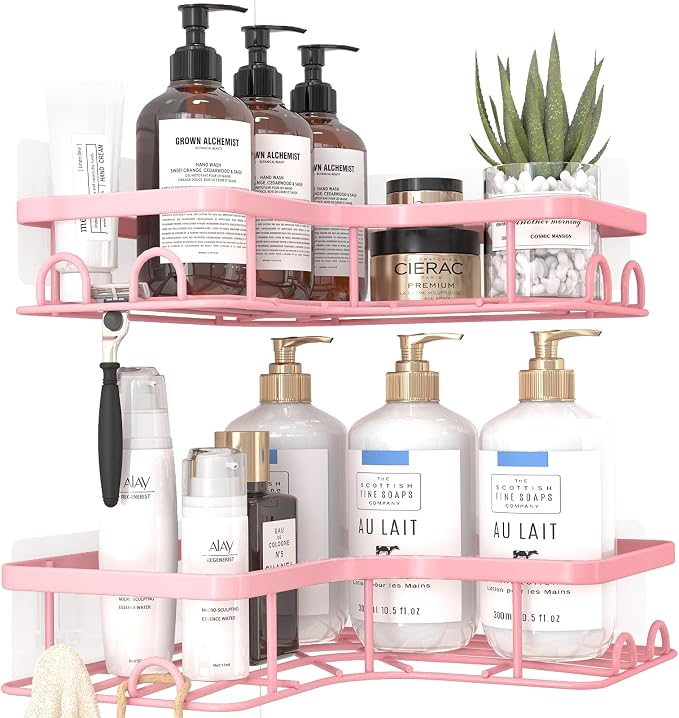 Sakugi Corner Shower Caddy - 2 Pack, Adhesive Shower Organizers, Rustproof Stainless Steel Shower Shelves with 8 Hooks, No Drilling Bathroom Organizers and Storage Racks, Space-Saving, Pink, Medium