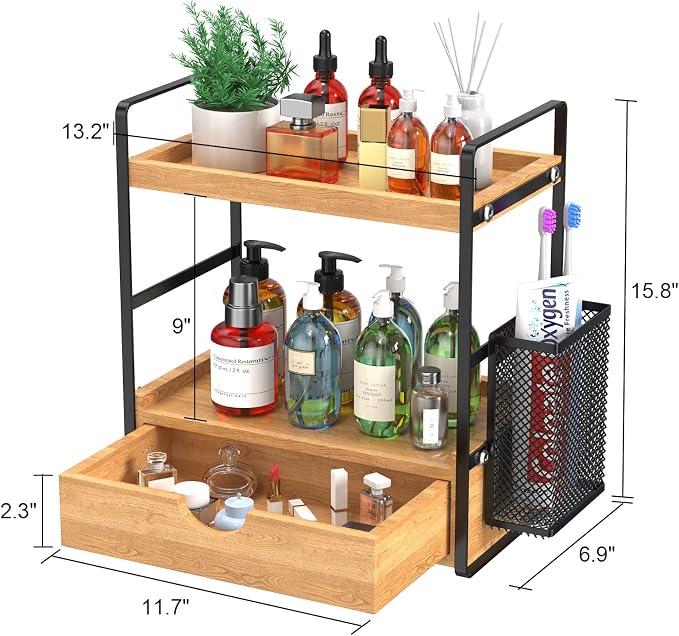 Bathroom Counter Organizer with Drawer and Basket,Wood Countertop Organizer for Bathroom Decor Makeup Tray for Perfume Skincare Bedroom Kitchen Corner