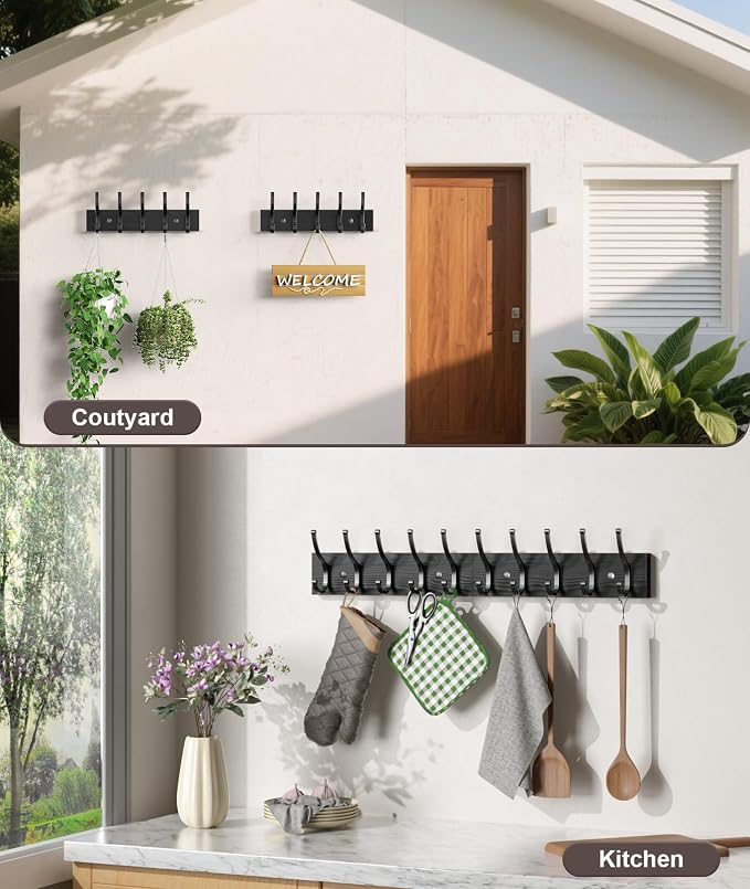 Optish 2 Pack Wooden Coat Rack Wall Mount, 16.1" Rustic Coat Hanger Hooks Wall Mount, Wall Coat Rack for Hat, Clothes, Bags, Jacket - Black