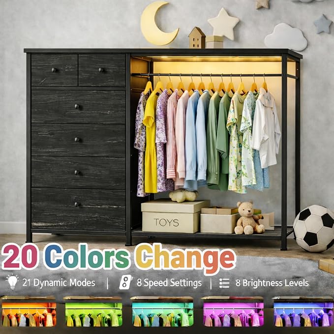 Simple Deluxe Storage Clothes Rack with 6 Drawers, Charging Station & LED Lights, Fabric Chest Shelves Clothing Rack, Wooden Portable Wardrobe Closet, 49.2" W x 15.7" D x 47.2" H, Black