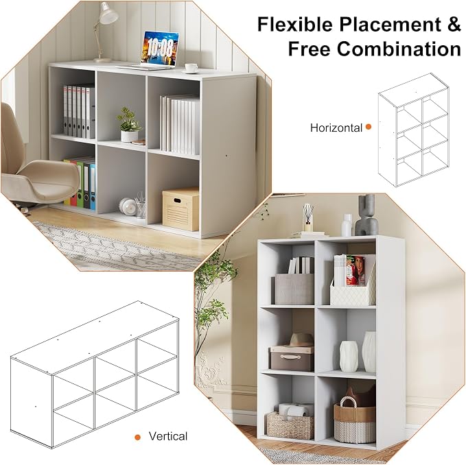 Sweetcrispy 6 Cube Storage Organizer, Stackable Modular Bookcase Shelf | Vertical or Horizontal Use, Fits 11×11" Bins, Removable Back Panels, for Living Room, Office, Entrance White Wood