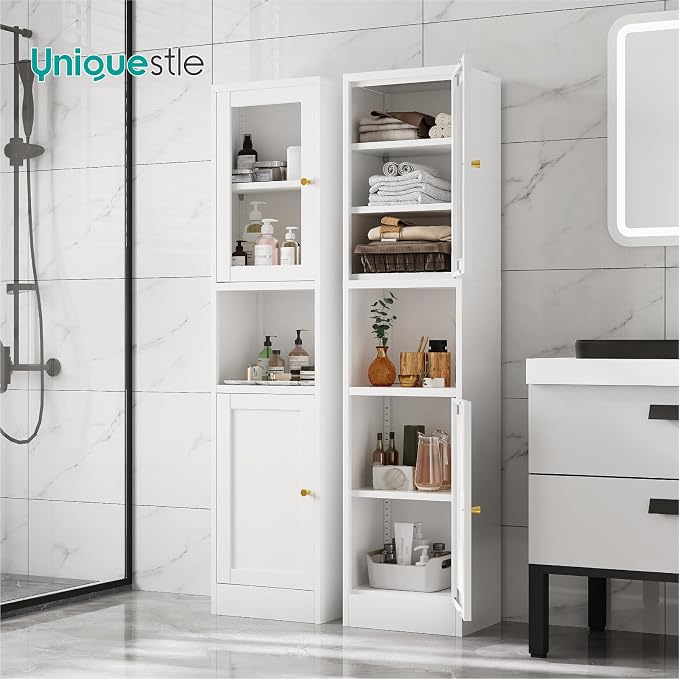 67" Tall Narrow Storage Cabinet with Glass Door and Open Shelf,Metal Pantry Cabinet with Adjustable Shelves,Shaker Style Slim Cabinet for Bathroom Kitchen Small Spaces, White, 1Pc