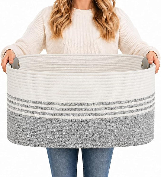 Laundry Hamper with Handles, 72L Rope Laundry Basket, Grey | Cotton rope clothes hamper with leather handles holds blankets, pillows, toys and laundry in nursery, bedroom or living room