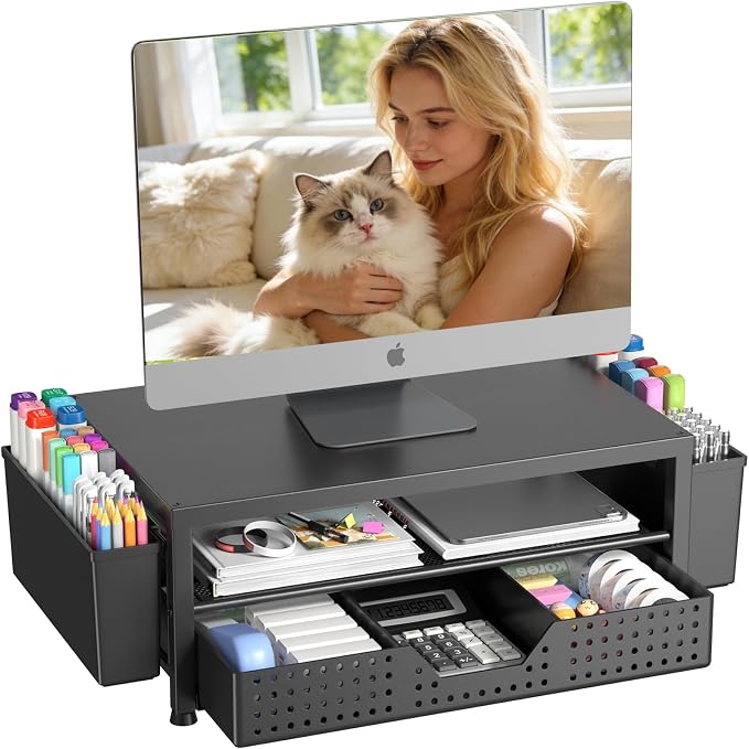 OPNICE Desk Organizers and Accessories, Computer Monitor Stand Riser with Drawer and 2 Pen Holders, Printer & Laptop Stand, Office Desk Accessories & Workspace Organizers for Home Office Supplies, Black