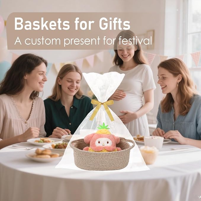 JMvicyroam Small Woven Basket, Empty Gift Basket, Oatmeal/1 Pack | Small Gift Basket, Cotton Rope, 12 x 8 x 12 in, Handles, Includes Ribbon and Bag, Birthday Gift Basket
