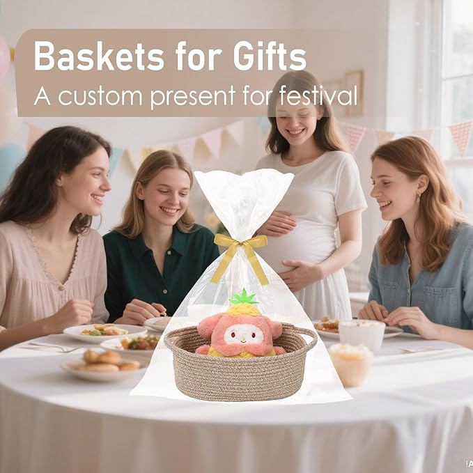 JMvicyroam Small Woven Basket, Empty Gift Basket, Oatmeal/3 Pack | Small Gift Basket, Cotton Rope, 12 x 8 x 14 in, Handles, Includes Ribbon and Bag, Birthday Gift Basket