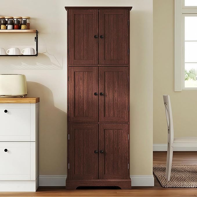 ChooChoo 63.2" Tall Bathroom Storage Cabinet with 6 Doors | Freestanding Floor Cabinet, Adjustable Shelves, Pantry Cabinet for Bathroom, Kitchen, Laundry Room, Rustic Walnut