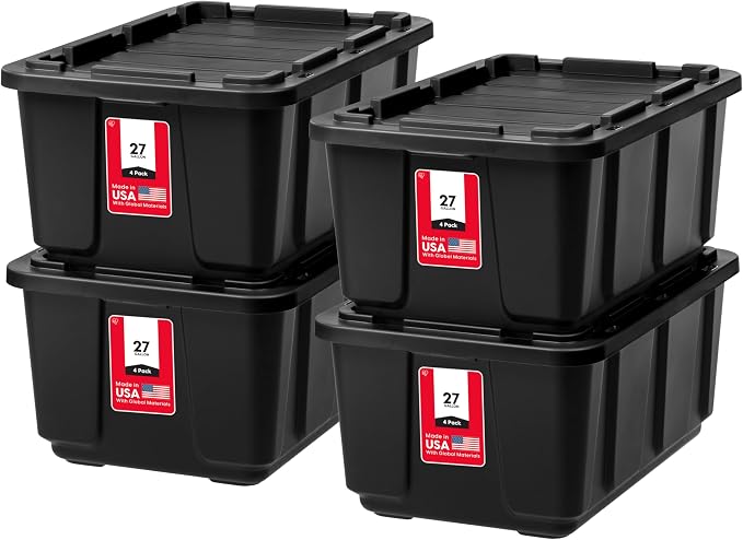 IRIS USA 4-Pack 27 Gal Heavy Duty Storage Tote Bins with Lids, Black | Large-capacity design handles moving, garage storage and bulky equipment, Stackable shape maximizes available space