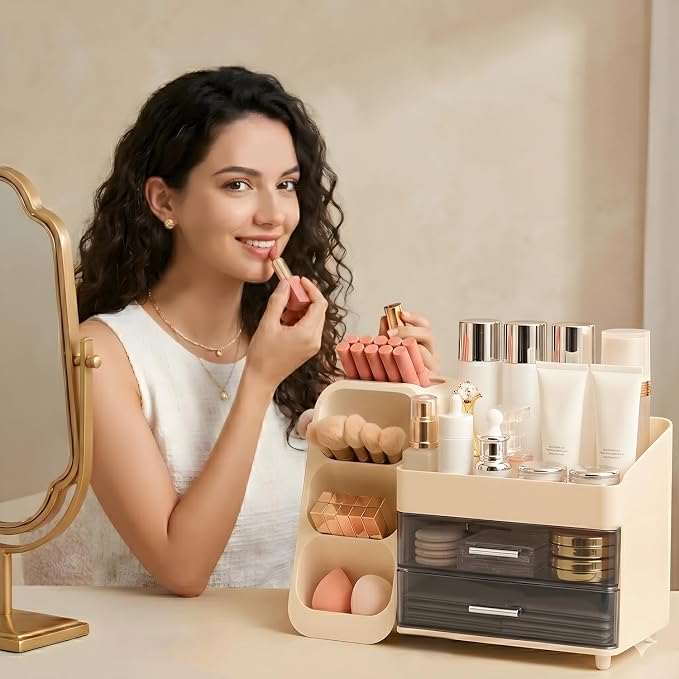 Makeup Organizer for Vanity with Brush Holder and 2 Drawers, Cream | Large-Capacity Makeup Holder Organizes Skincare, Cosmetics and Daily Beauty Products for Tidy Vanity and Bathroom Counters