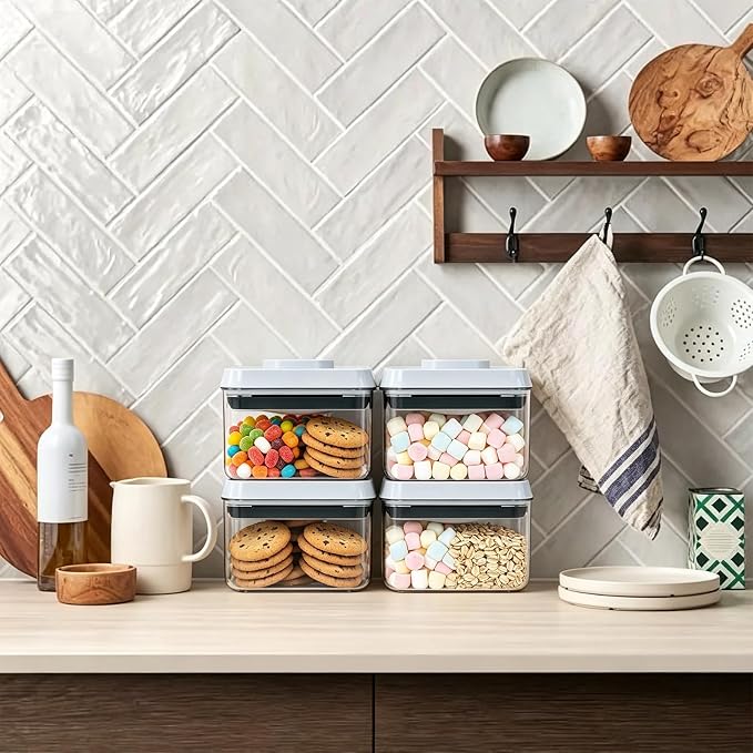 Pop Push Button Airtight Food Storage Containers 4 Pack (0.7Qt) | BPA-Free Stackable Square Canisters for Nuts, Candy, Spices, Pet Treats, Small Snacks