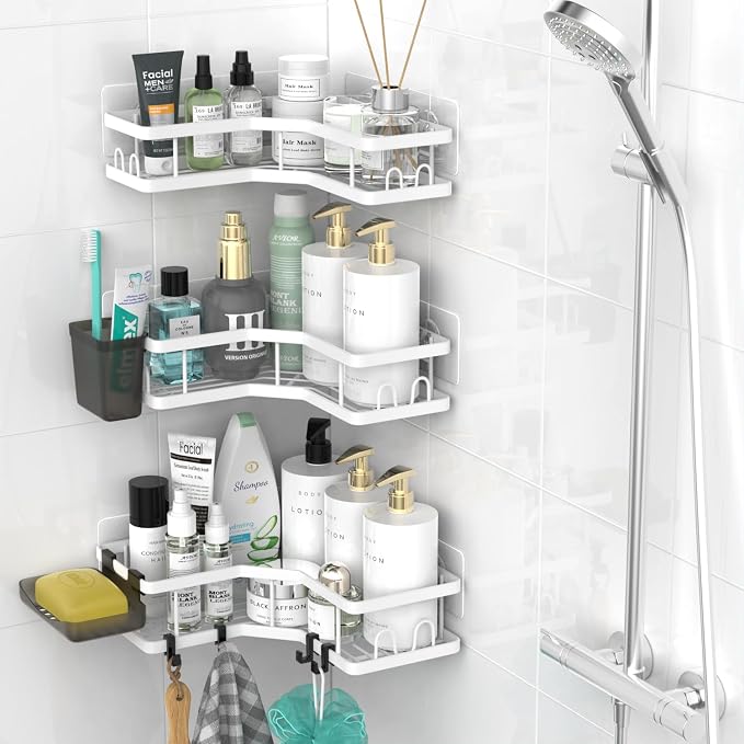 AKTECKE Corner Shower Caddy Bathroom Organizer Adhesive Shower Rack Bathtub Shelves - 3Pack No Drilling Shower Shelf For Inside Shower - Rustproof Bath Tub Organizer Caddy