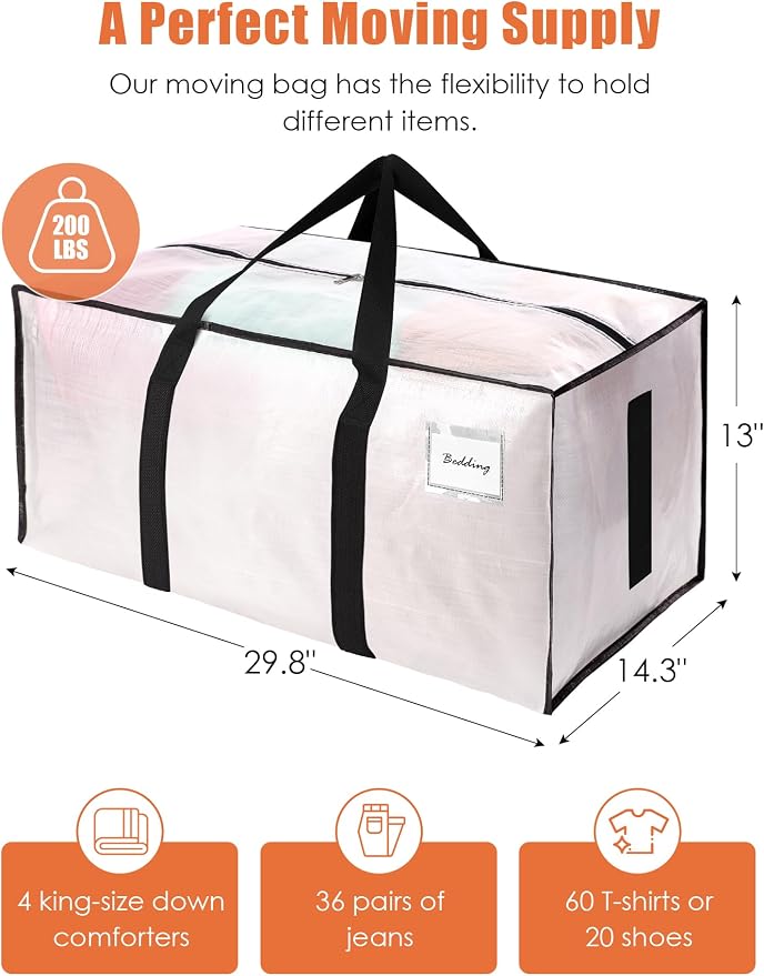 SWEET DOLPHIN 12 Pack 200LB Heavy-Duty Moving Bags with Wrap-Around Handles, Extra Large Storage Totes for Space Saving, Clothes Storage Bags, College Dorm Essentials, Semi-Transparent, 24 Gal