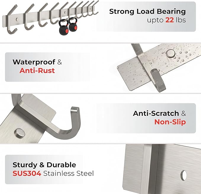 Coat Rack Wall Mount – Brushed Nickel 30 Inch Stainless Steel Hook Rail with 10 Heavy Duty Double Coat Hooks – Wall Mounted Coat Hanger for Entryway, Bathroom, Bedroom, Towel, Hat Organizer - 2 Pack